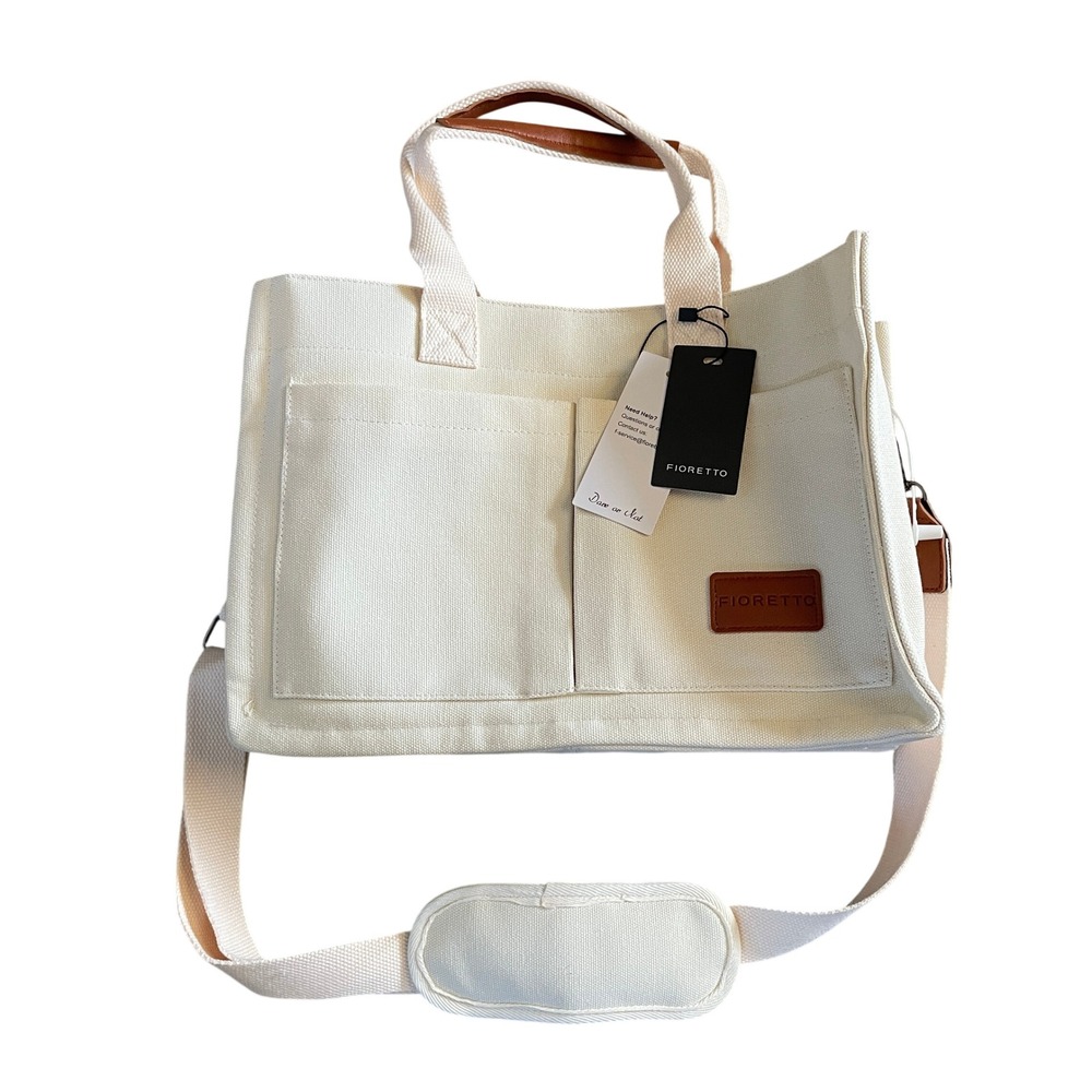 Canvas‎ Tote Bag Cream Leather Accents Handle Crossbody Art Gardening Everyday